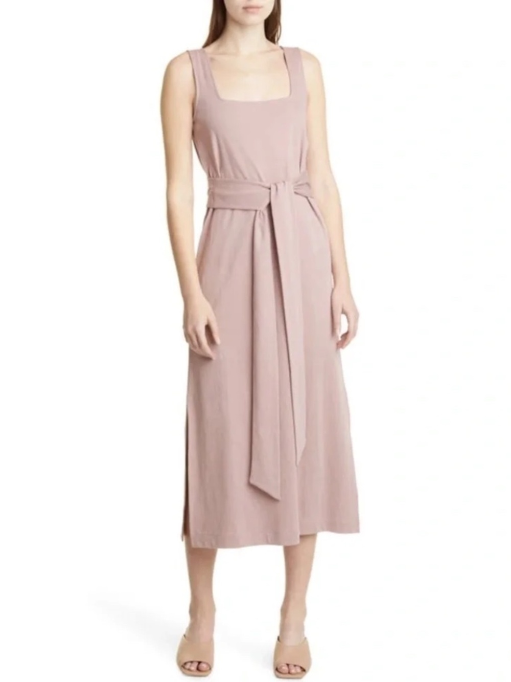 NWT Vince 100% Cotton Knit Belted Square Neck Midi Dress in Mauve Orchid Sz. XS
